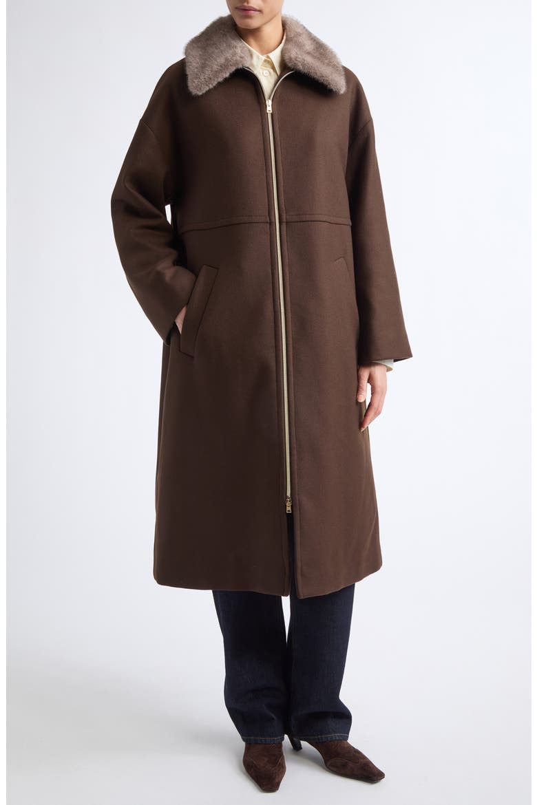 Faux Fur Collar Virgin Wool Blend Coat, Main, color, DARK BROWN