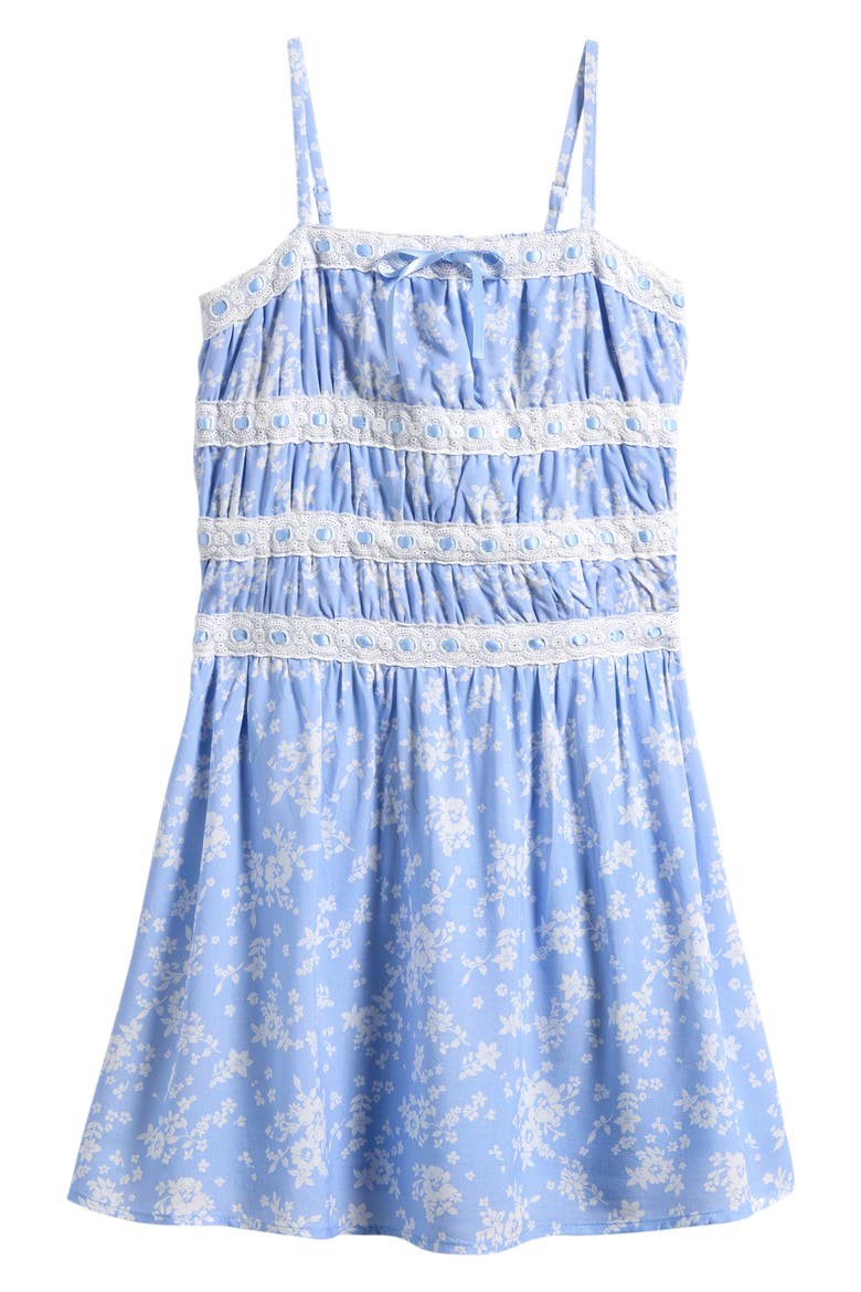 Kids' Ditsy Floral Ribbon & Lace Trim Dress, Main, color, BLUE