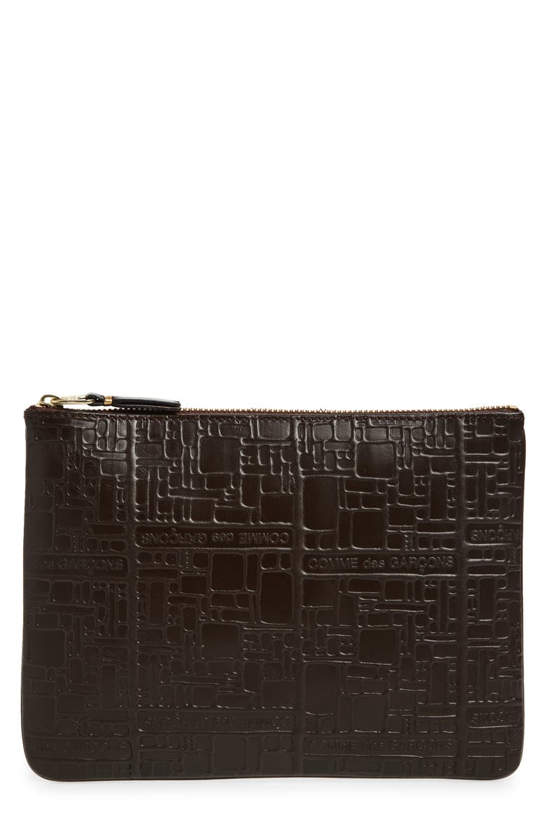 Embossed Logo Leather Pouch, Main, color, BROWN