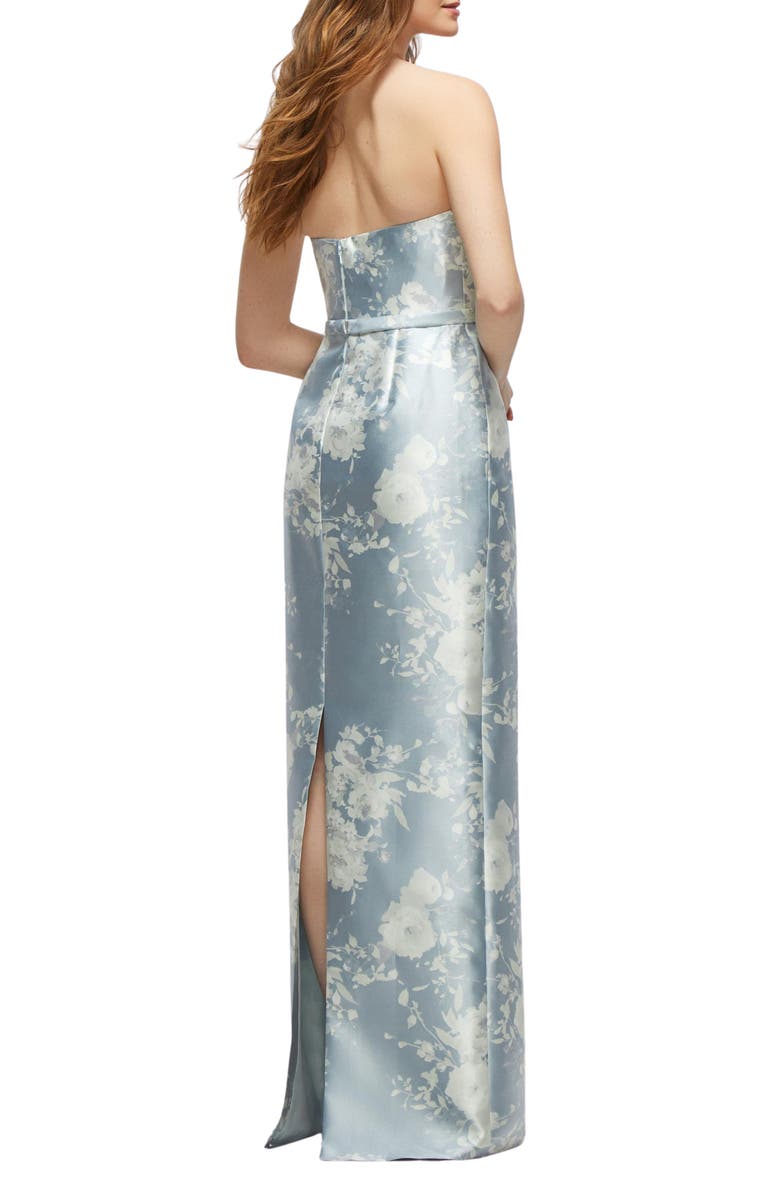 Floral Strapless Bow Belt Satin Twill Column Gown