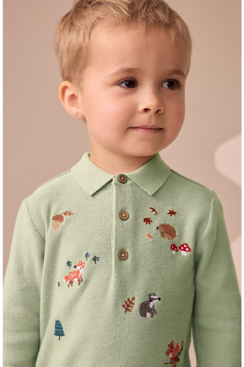 Kids' Embroidered Wildlife Long Sleeve Cotton Polo Sweater, Alternate, color, GREEN