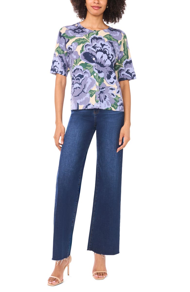 Ted Baker Floral Short Sleeve Cardigan, Alternate, color, Blue/ New Ivory Multi