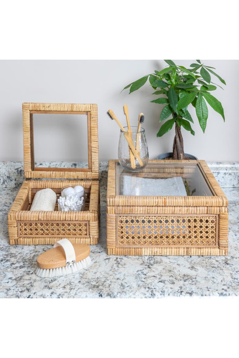 Woven Wood and Rattan Display Boxes with Glass Lids, Natural, Set of 2, Alternate, color, Natural