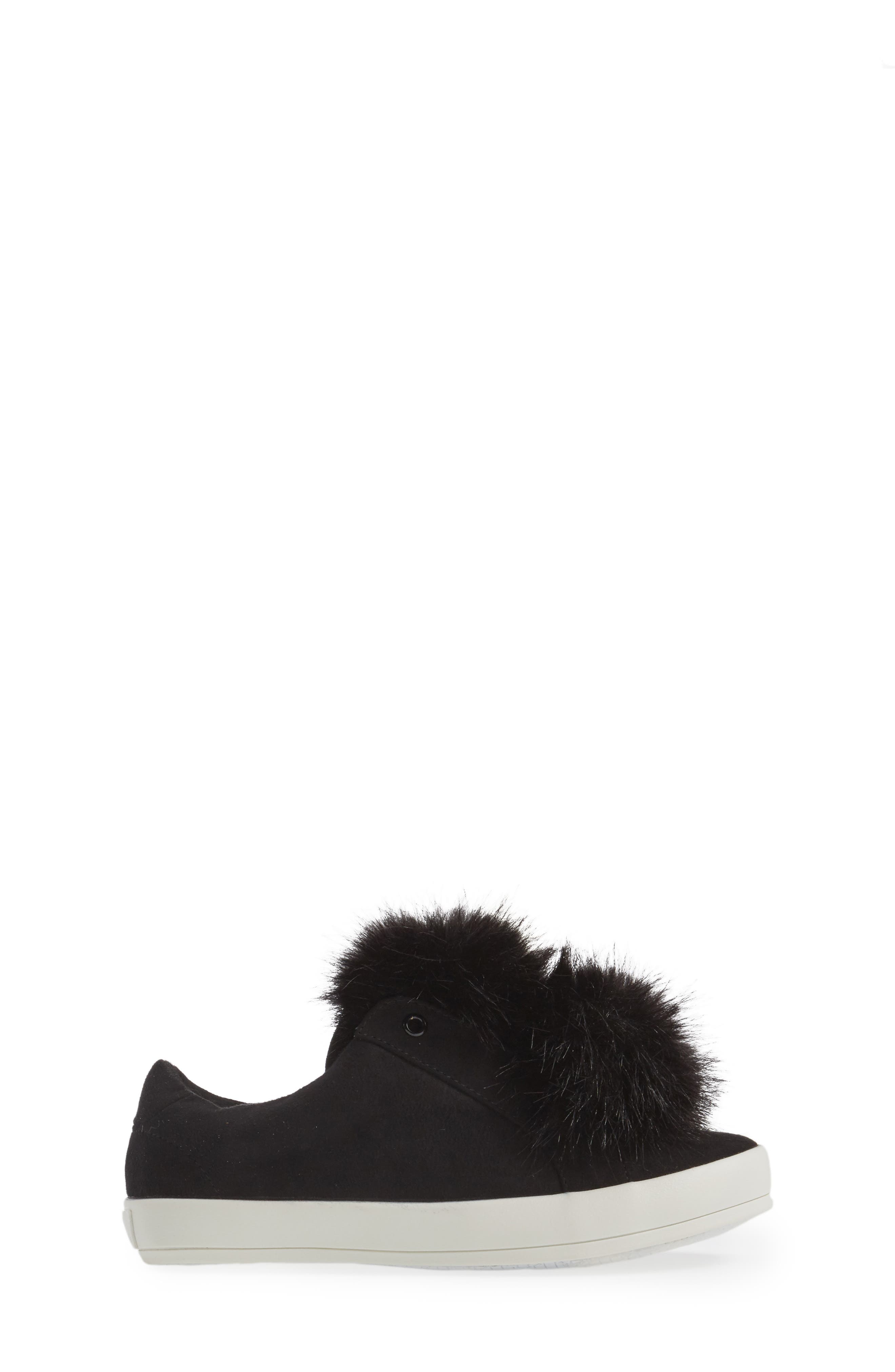 Cynthia Leya Faux Fur Pompom Slip-On Sneaker, Alternate, color, BLACK FAUX LEATHER