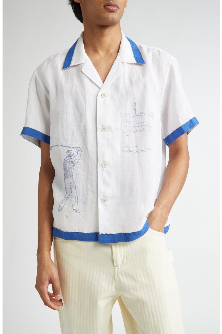 Club Champion Short Sleeve Linen Camp Shirt, Main, color, WHITE/ BLUE