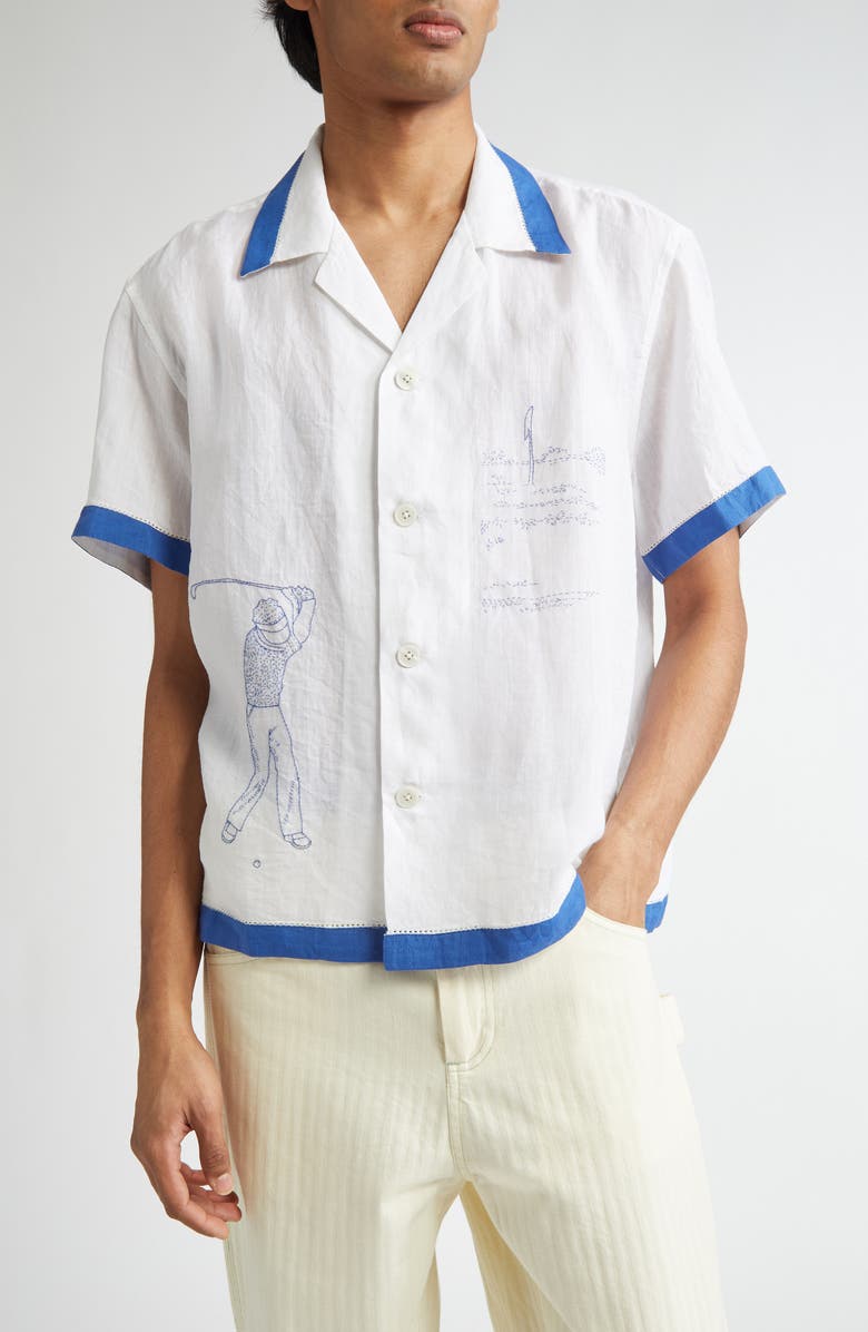 Bode Club Champion Short Sleeve Linen Camp Shirt, Main, color, White/ Blue