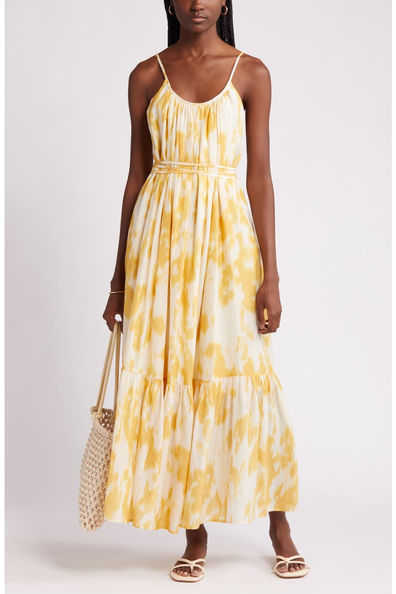 Cotton & Silk Tie Waist Tiered Sundress, Alternate, color, IVORY DOVE- YELLOW LOTUS BLUR