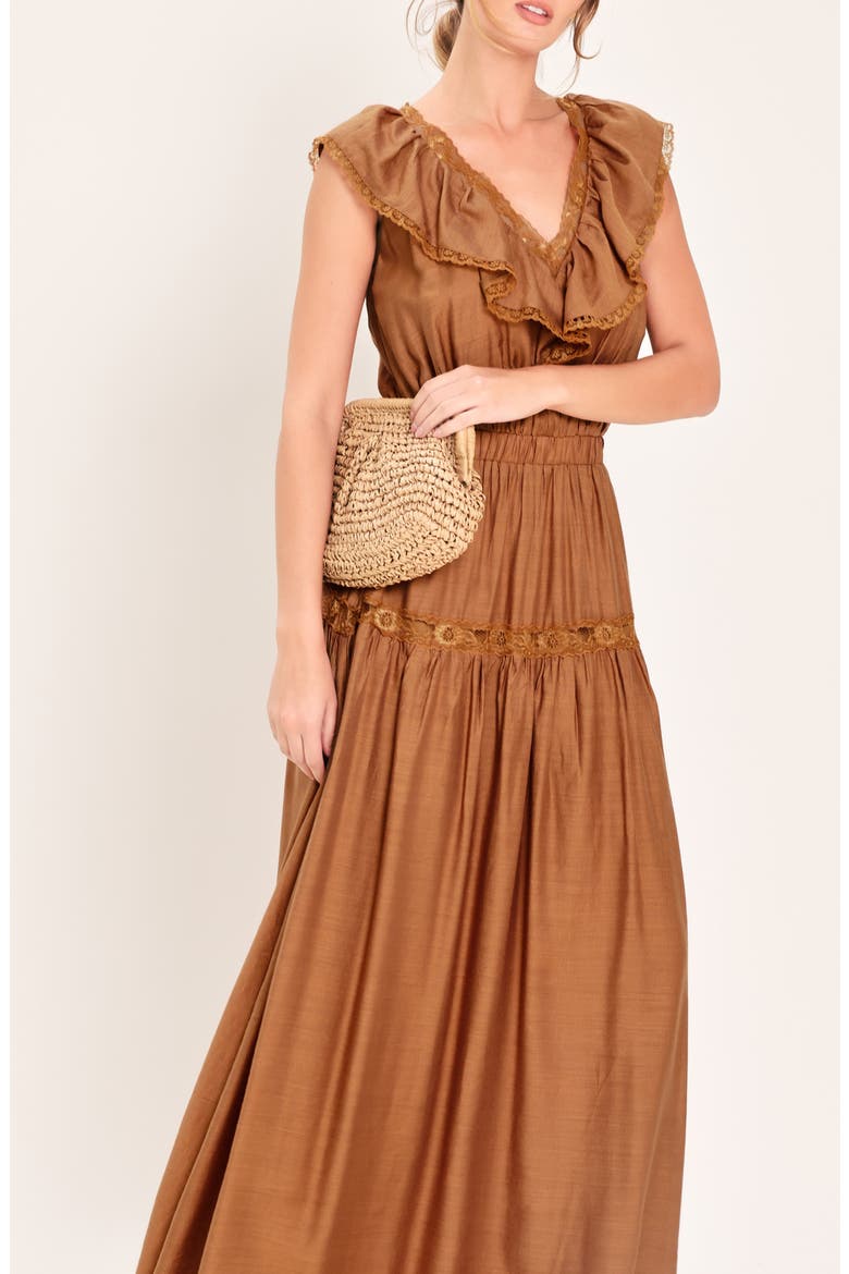 Lace Trim Ruffle Maxi Dress, Alternate, color, CAMEL