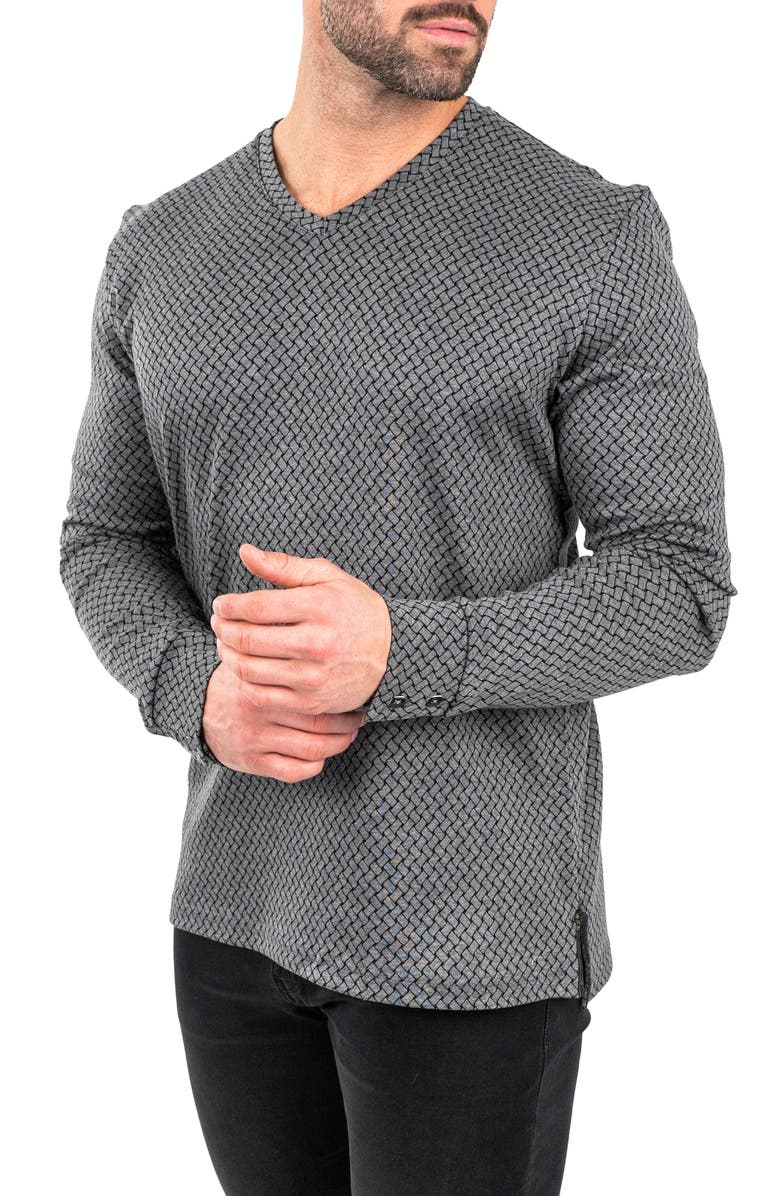 Maceoo Edisonwaves Grey Long Sleeve Cotton V-Neck T-Shirt, Alternate, color, 