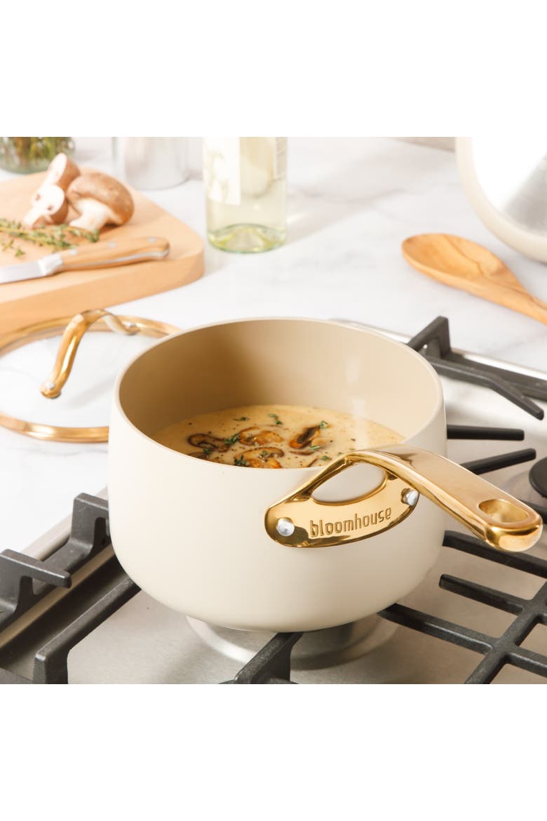 3 Quart Heavy Duty Aluminum Premium PFA Free Ceramic Nonstick Saucepan with Lid, Alternate, color, Linen White with Gold Handle