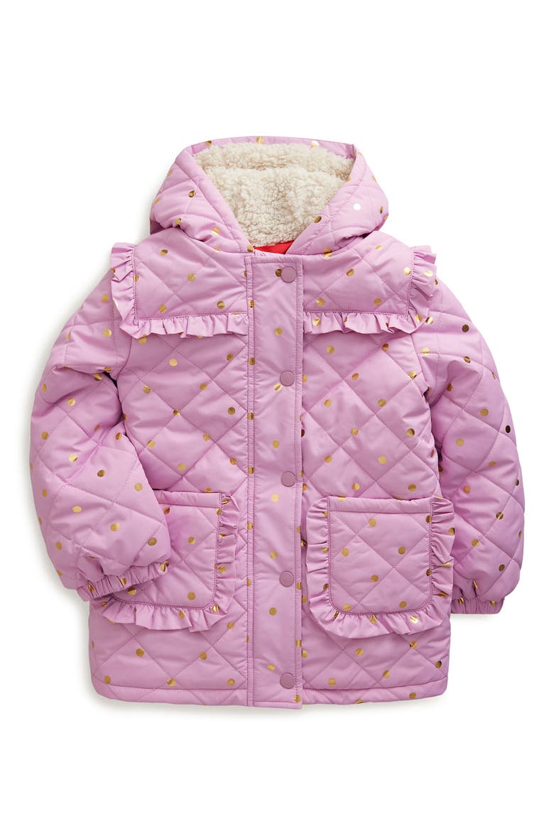 Kids' Foil Dot Ruffle Quilted Parka, Main, color, SOFT LAVENDER FOIL SPOT