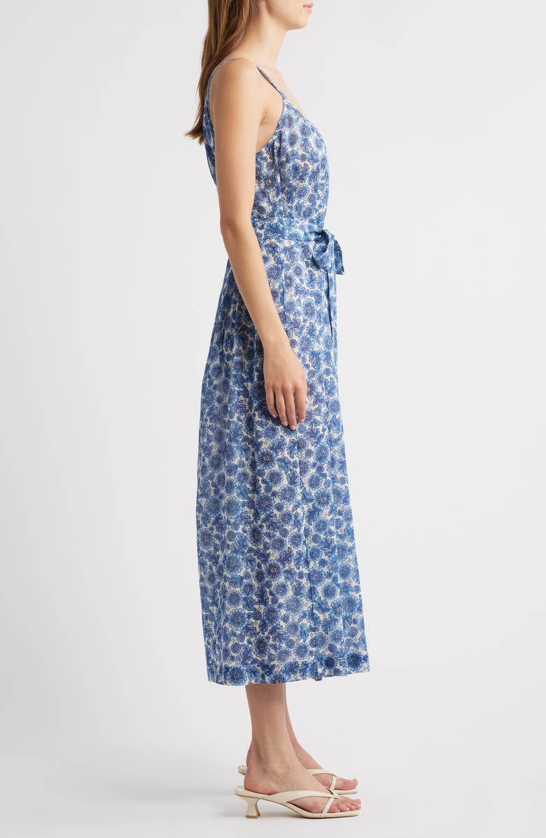 DÔEN Nevita Belted Organic Cotton Voile Midi Dress, Alternate, color, Bleu Soleil Fleurit