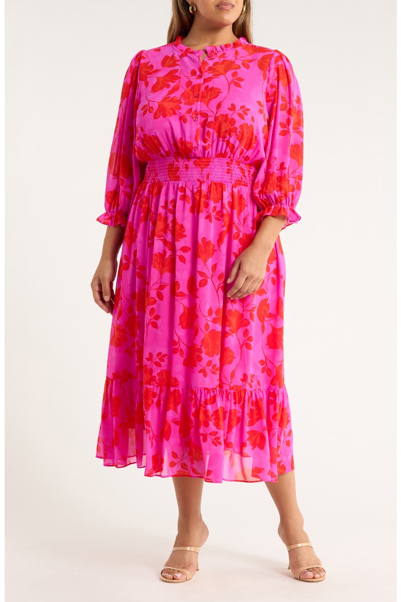 Irene Kensie Floral Long Sleeve Smock Waist Dress, Main, color, FUCHSIA-RED