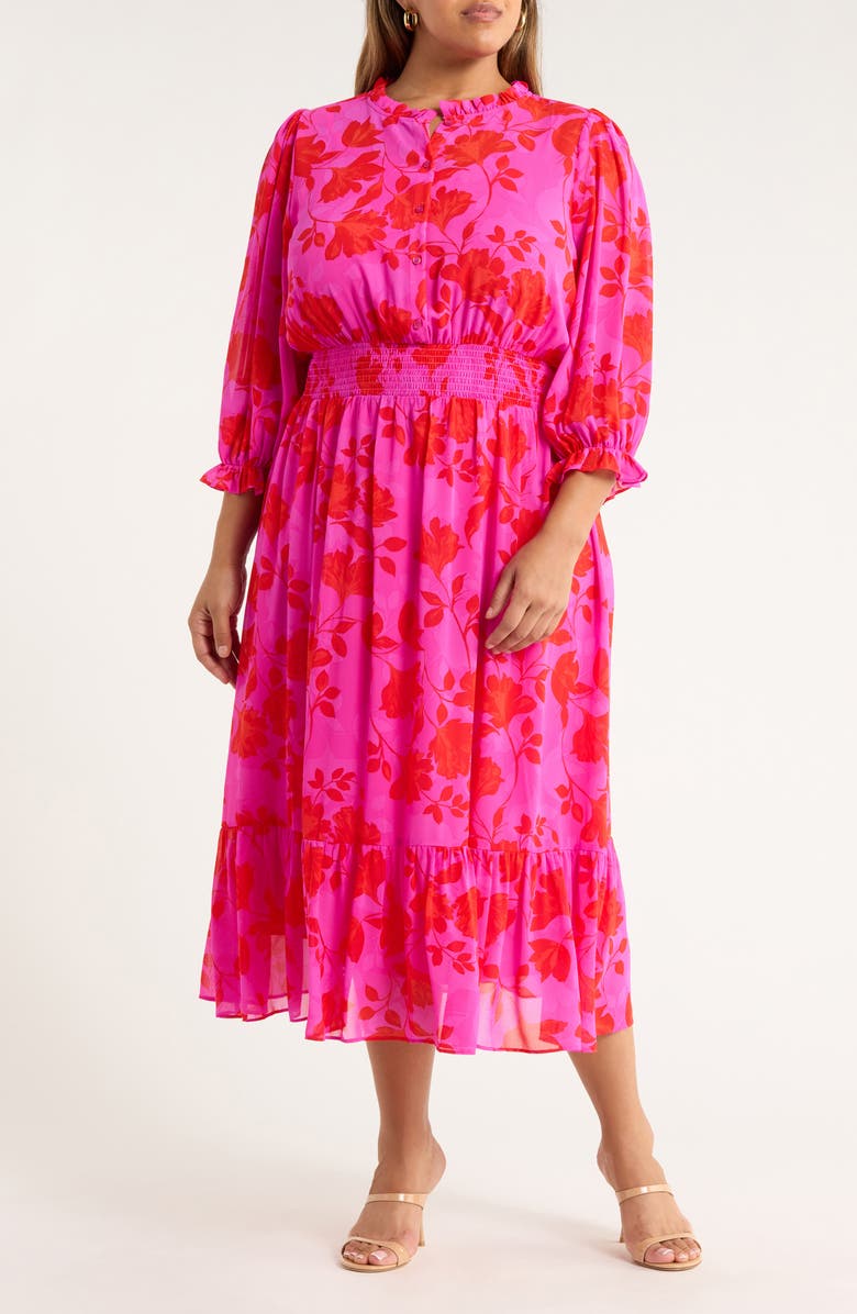 SUGARLIPS Irene Kensie Floral Long Sleeve Smock Waist Dress, Main, color, Fuchsia-Red