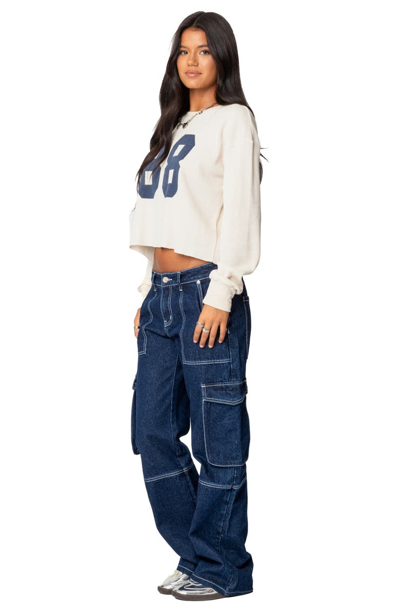 EDIKTED 88 Crop Long Sleeve Waffle Knit Top, Alternate, color, Cream