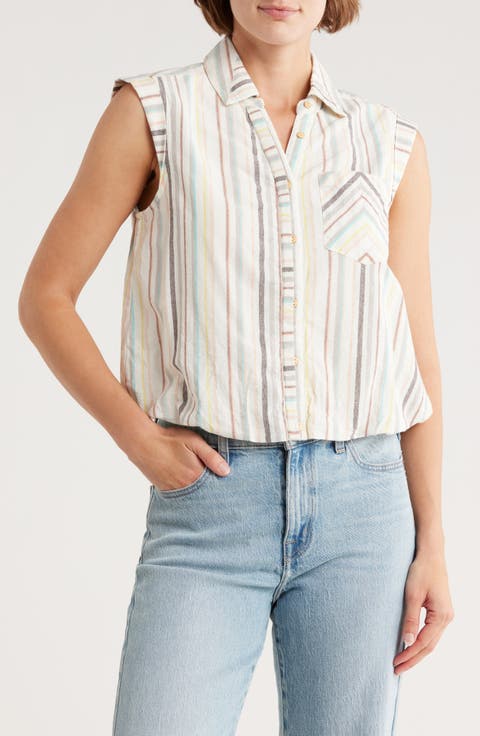 Stripe Cap Sleeve Button-Up Shirt