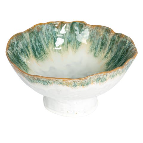 Large Stoneware Footed Bowl with Speckled Glaze, Green and Brown