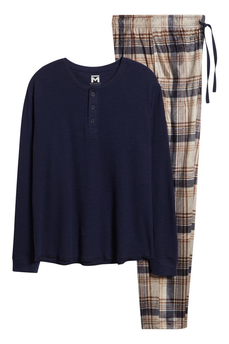 Crossroads Long Sleeve Henley & Plaid Fleece Pajama Pants Set, Alternate, color, COFFEE