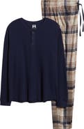 Majestic International Crossroads Long Sleeve Henley & Plaid Fleece Pajama Pants Set