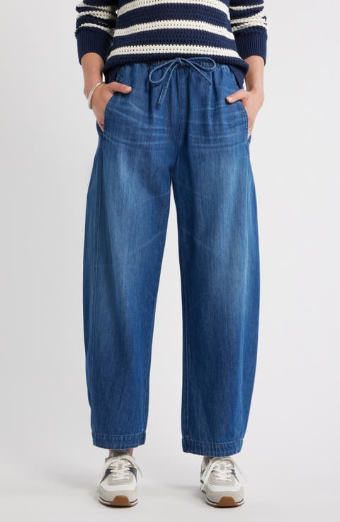 Pull-On Chambray Ankle Barrel Leg Pants