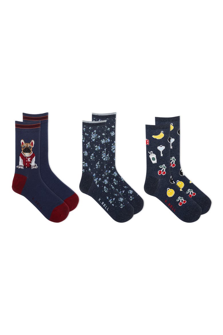 3-Pack French Bulldog Assorted Crew Socks, Main, color, NVAST