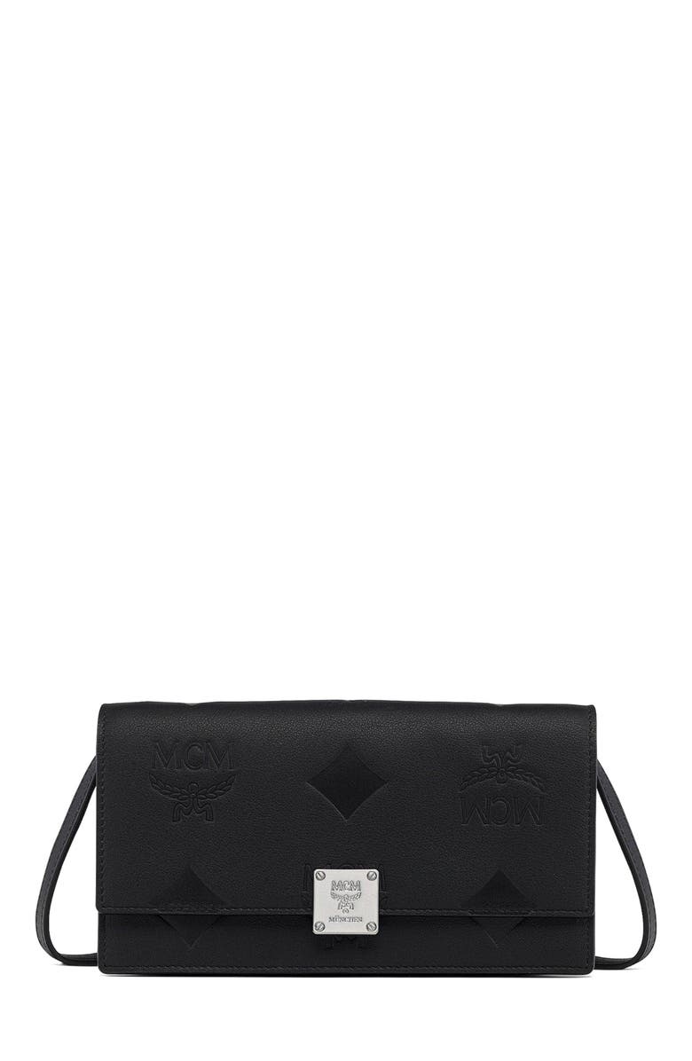 MCM Large Aren Chain Wallet in Embossed Monogram Leather, Main, color, Black