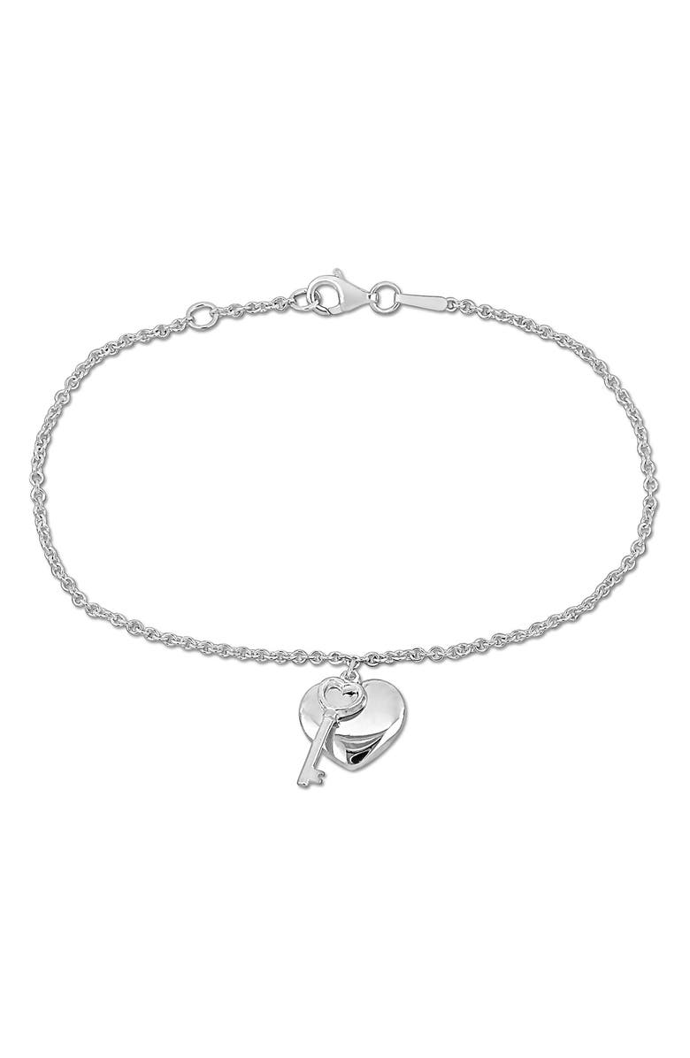 DELMAR Heart & Key Charm Bracelet, Main, color, Silver