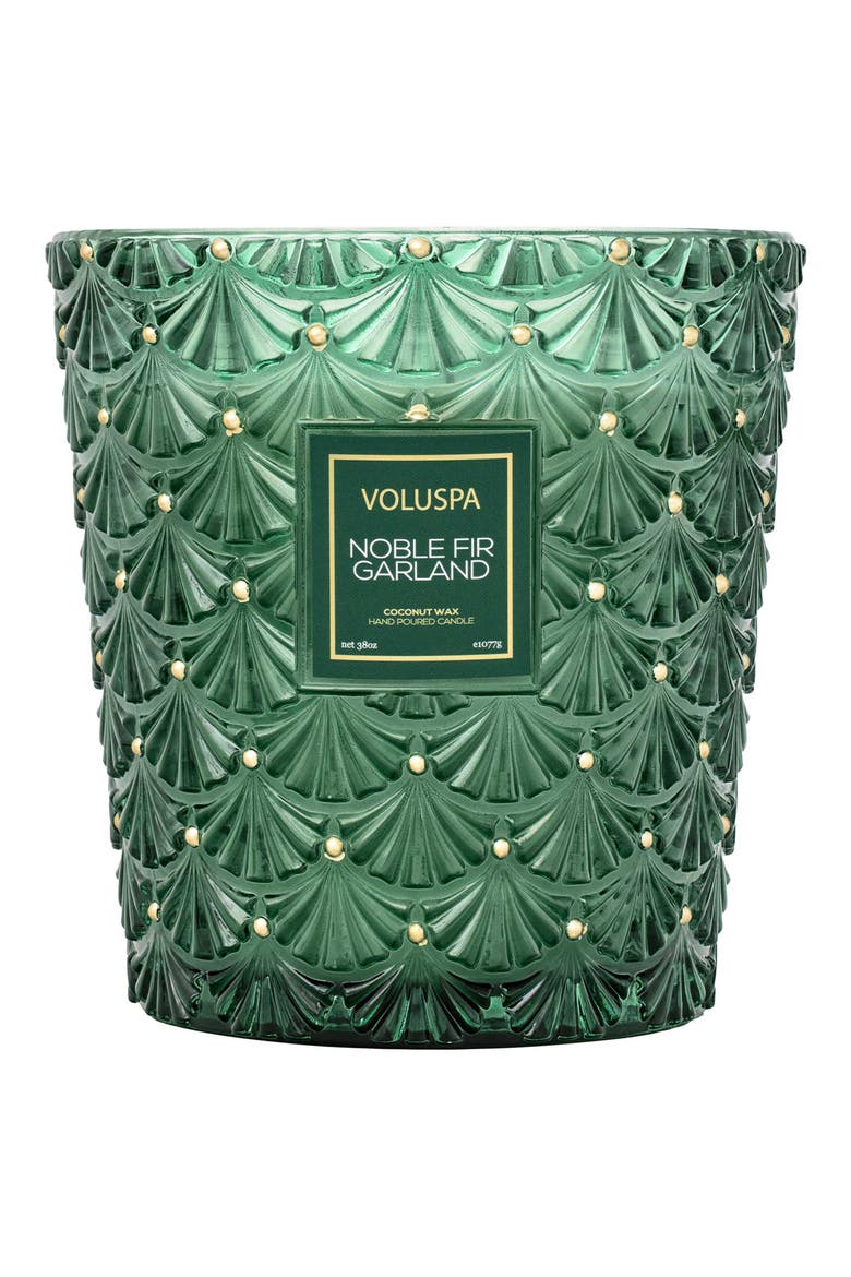Noble Fir Garland Three-Wick Hearth Candle, Main, color, GREEN