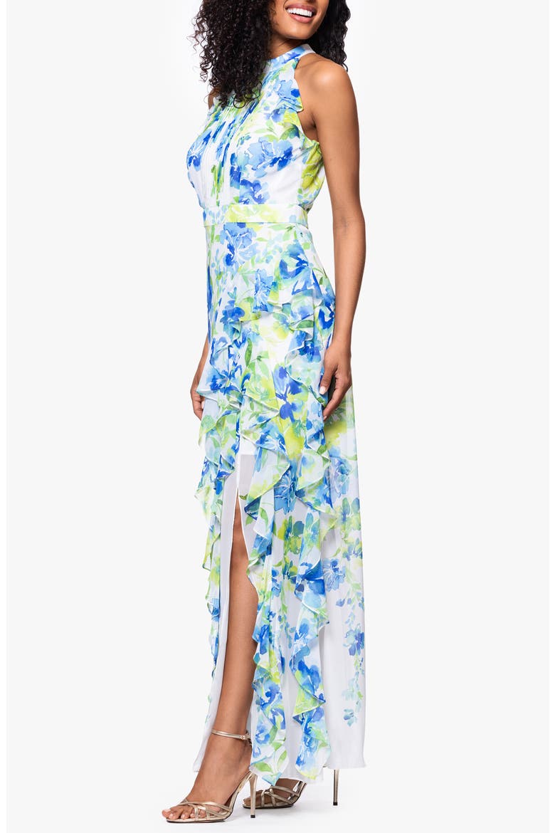 Print Ruffle Sleeveless Gown, Alternate, color, AQUA/ MULTI