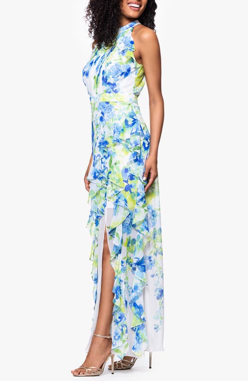 BETSY & ADAM BETSY & ADAM PRINT RUFFLE SLEEVELESS GOWN 
