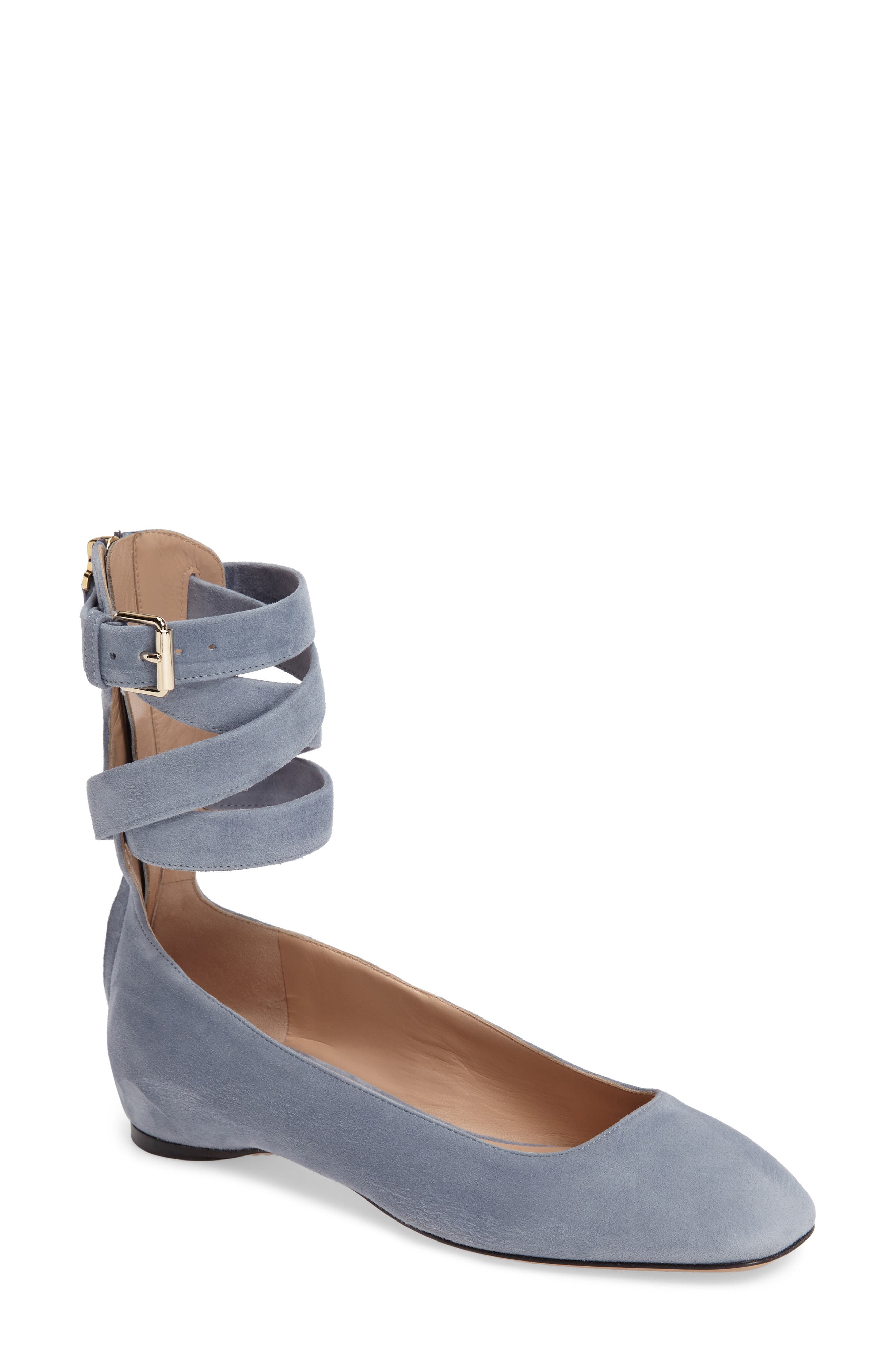 Valentino Ankle Wrap Ballet Flat, Main, color, SKY BLUE SUEDE