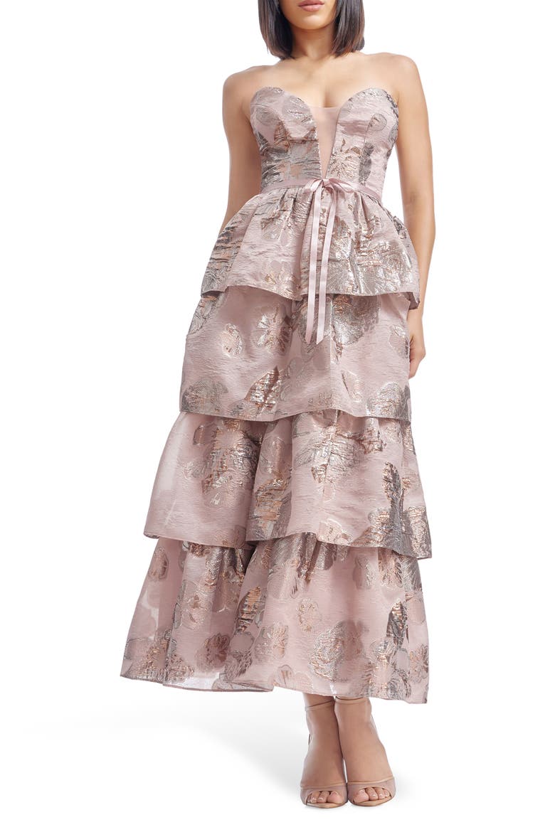Savannah Metallic Strapless Tiered Gown, Main, color, ROSE GOLD MULTI