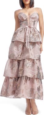 Dress the Population Savannah Metallic Strapless Tiered Gown