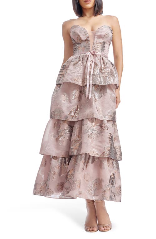 Dress The Population Savannah Metallic Strapless Tiered Gown In Rose Gold Multi