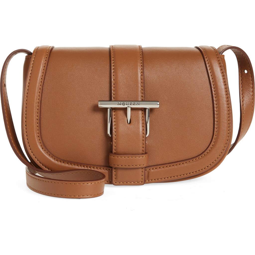 Alexander Mcqueen Mini T Bar Leather Saddle Crossbody Bag In Tan Silver