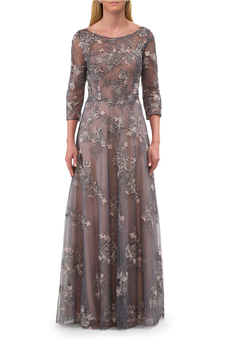 Two Tone Long Gown with Lace and Illusion Neckline, Main, color, Pink/Gray