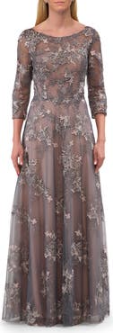 La Femme Two Tone Long Gown with Lace and Illusion Neckline