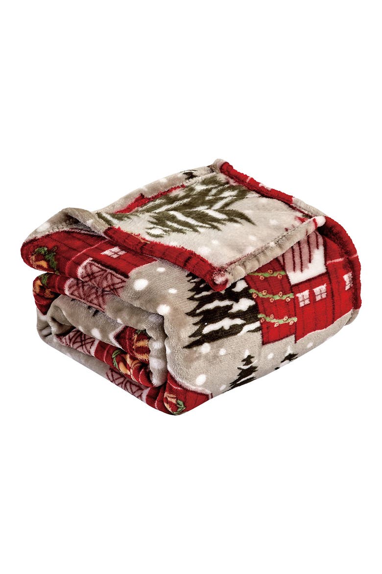 Snowy Barn Throw Blanket, Main, color, GREY/ RED