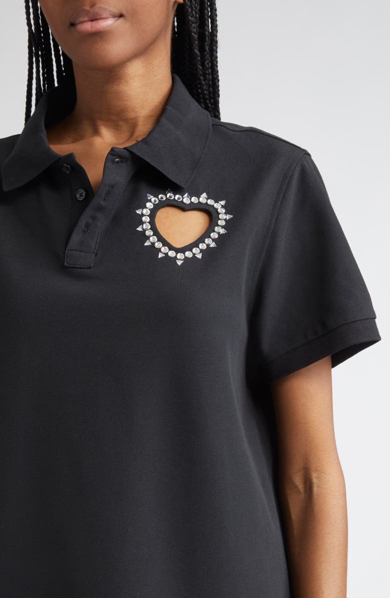 Area Crystal Trim Heart Cutout Cotton Piqué Polo Dress, Alternate, color, Black