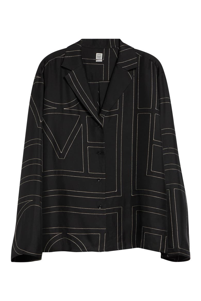 Monogram Embroidered Organic Silk Pajama Top, Alternate, color, BLACK