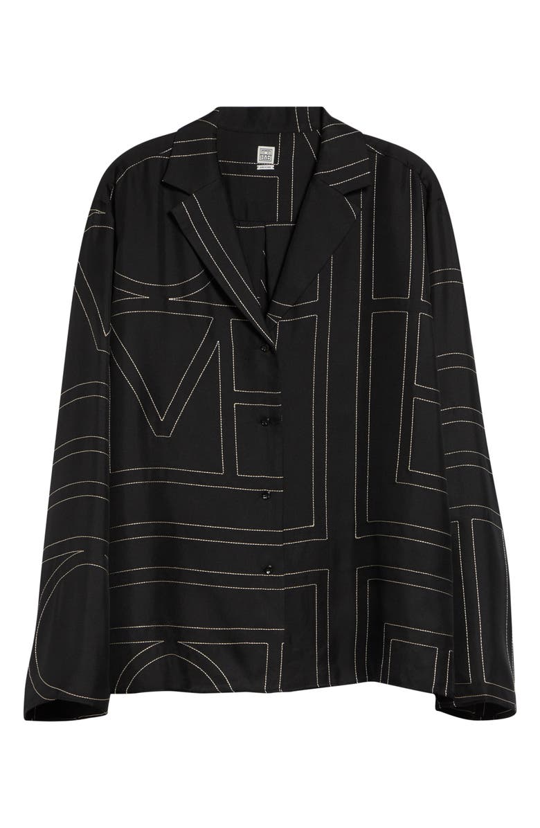 TOTEME Monogram Embroidered Organic Silk Pajama Top, Alternate, color, Black
