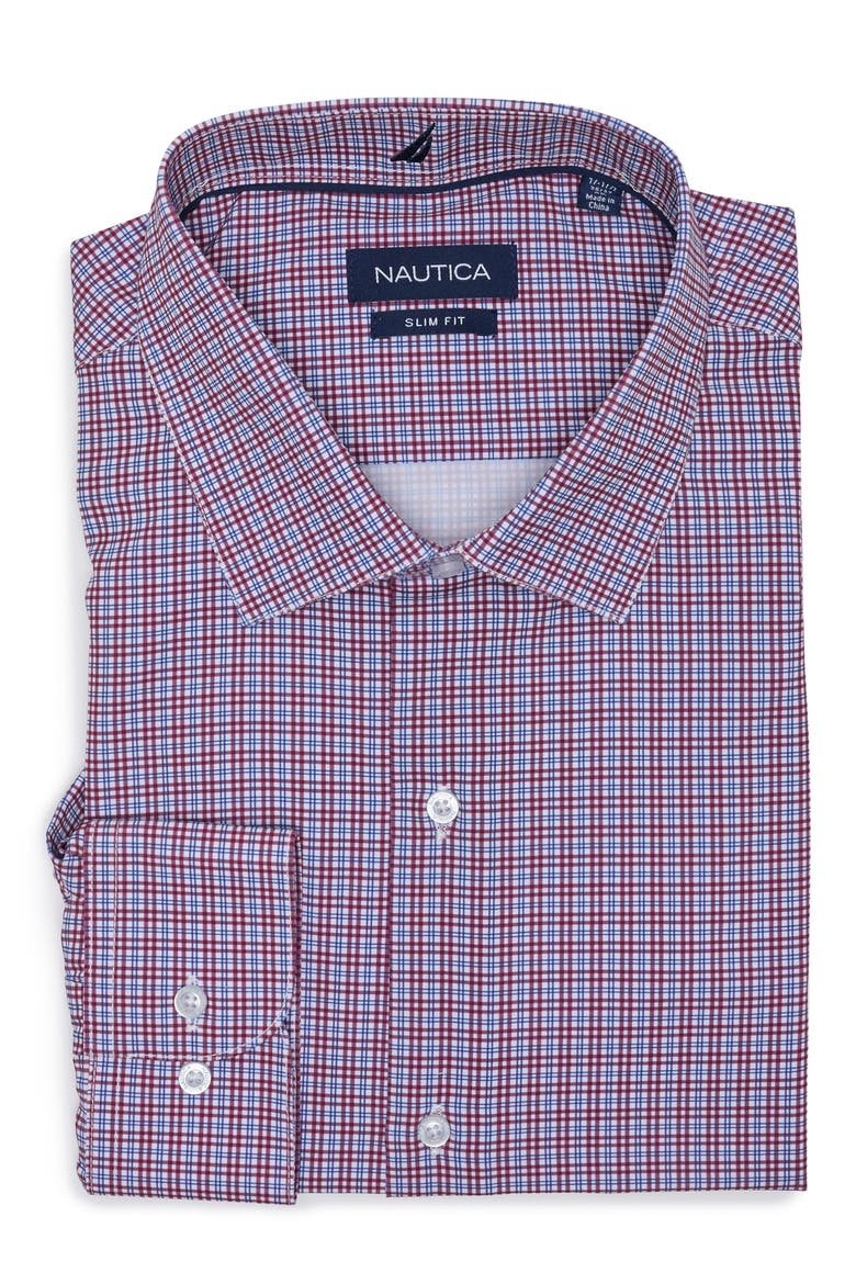 Windowpane Trim Fit Stretch Button-Up Shirt, Main, color, WHT/ BURG/ NVY