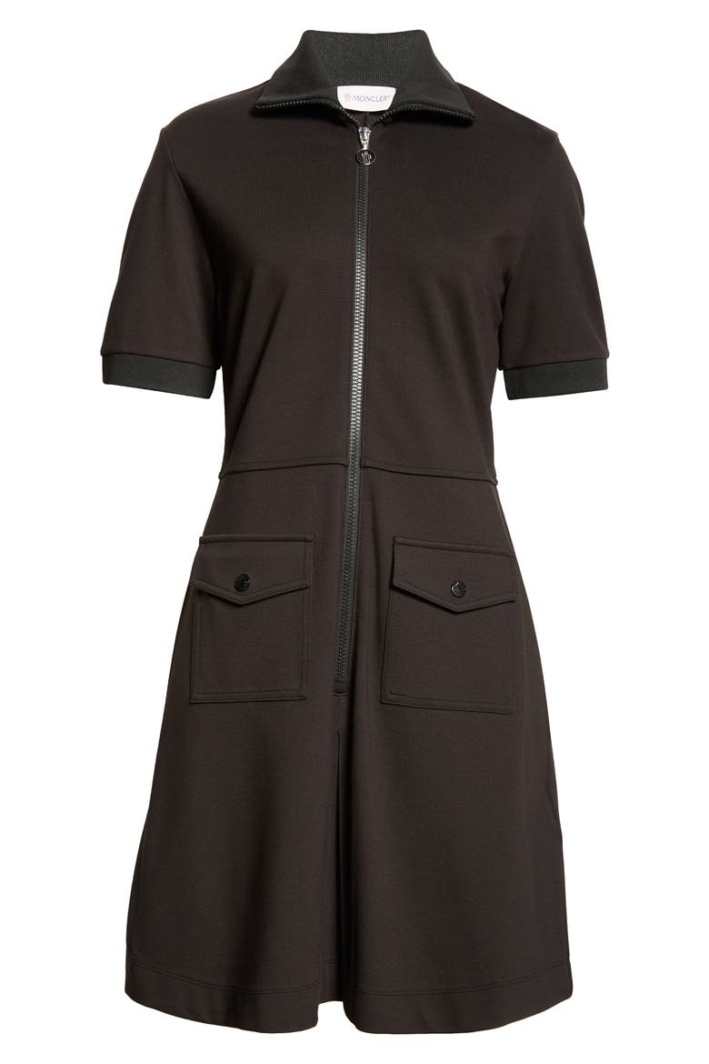 Zip Front Piqué Knit Polo Dress, Alternate, color, BLACK