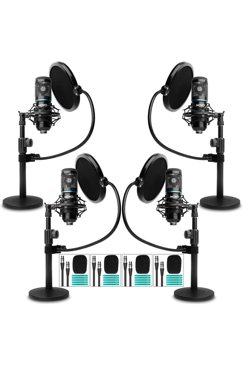4-Pack Universal Cardioid Podcasting Microphone Bundle with Tabletop Mic Stand and Pop Filter, for XLR Outputs, Main, color, Black