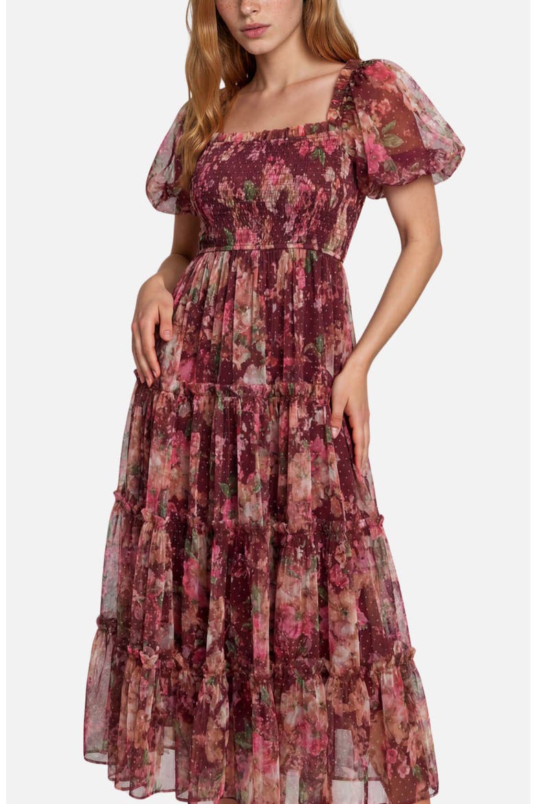 Smocked Floral Midi Dress, Alternate, color, BURGUNDY MULTI