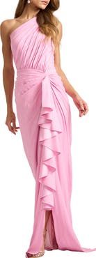 Tadashi Shoji One-Shoulder Side Ruffle Gown