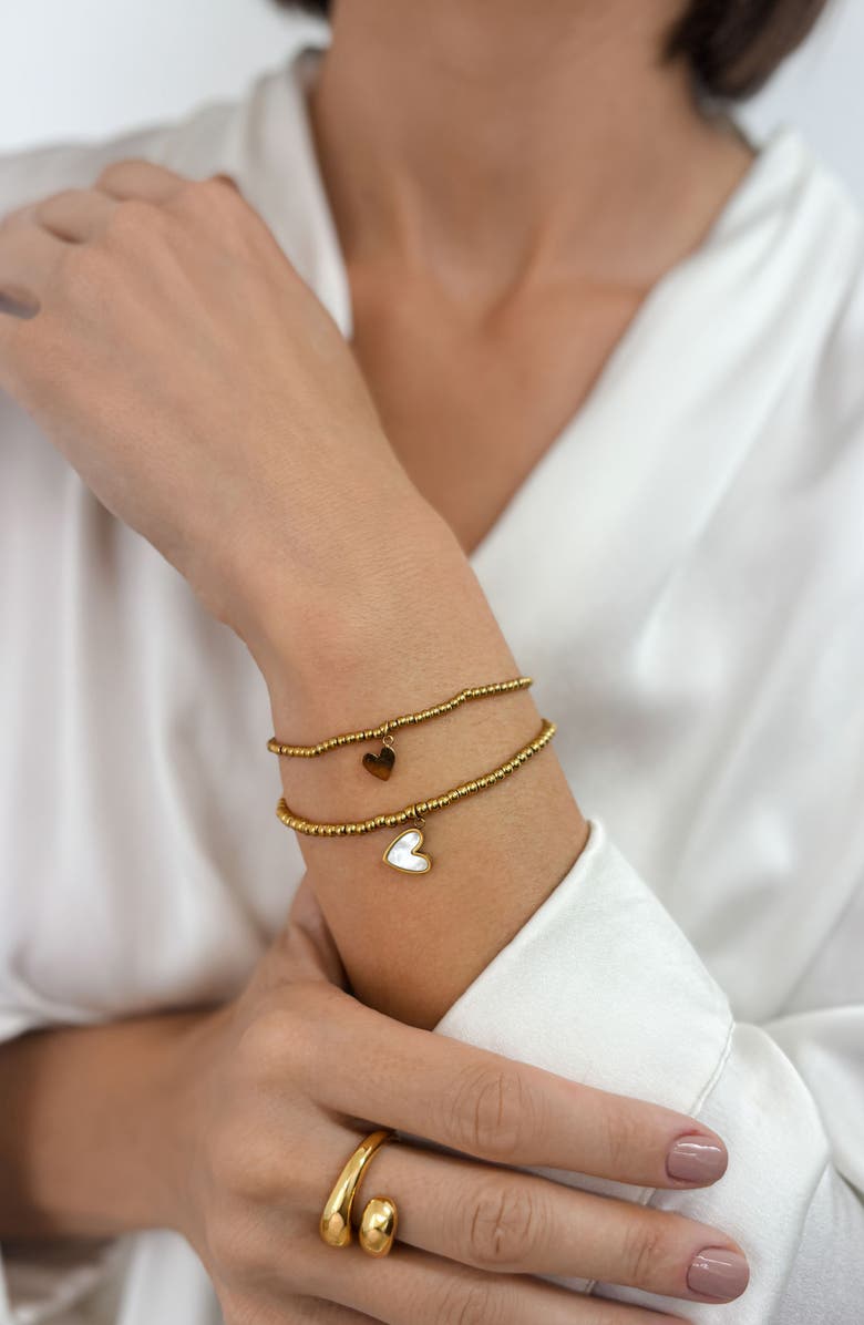 Adornia Set of 2 Heart Charm Stretch Beaded Bracelets, Alternate, color, Gold