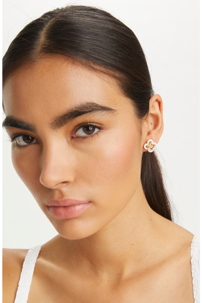 Kira Stacked Clover Stud Earrings, Alternate, color, TORY GOLD / MOTHER OF PEARL