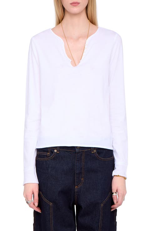 Tuni Wings Strass Long Sleeve Cotton Keyhole T-Shirt