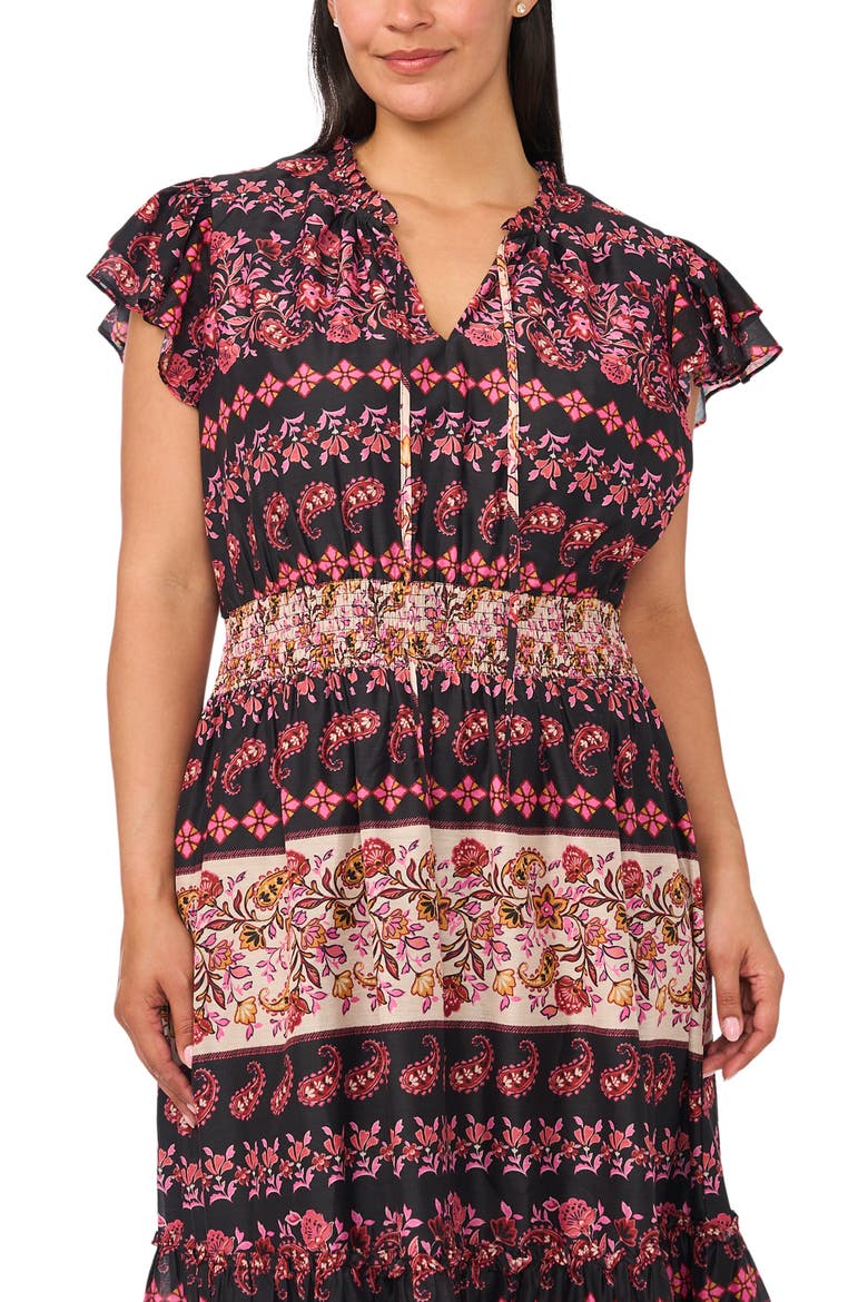 Mixed Print Tie Neck Dress, Alternate, color, RICH BLACK/ PINK